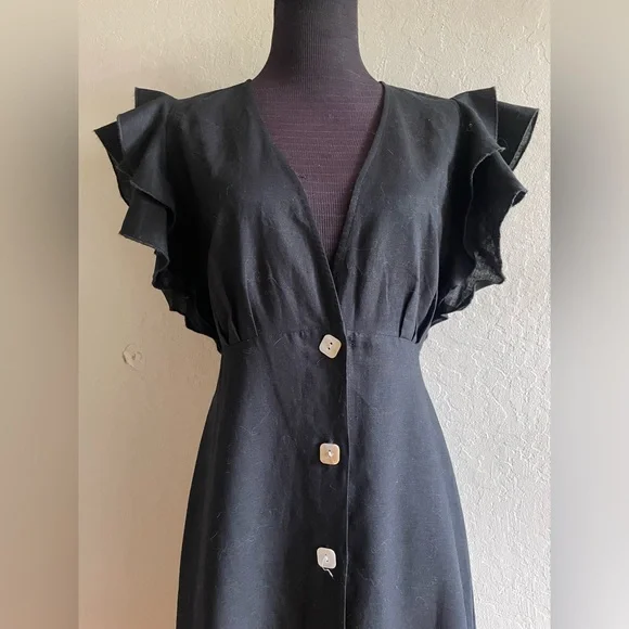 Linen cocktail Black Dress with Ruffle Sleeves - Picture 9 of 17